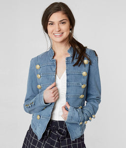 Women Blue Denim Jacket printed