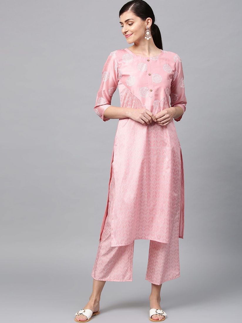 Women Pink & White Printed Straight Kurta